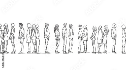 People are standing in line. Silhouettes of people, sketch, diverse group of standing people