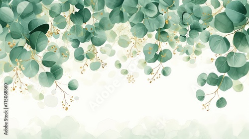 Frame of eucalyptus branches and green and gold leaves in watercolor technique, isolated on a white background. lie flat, space for text photo