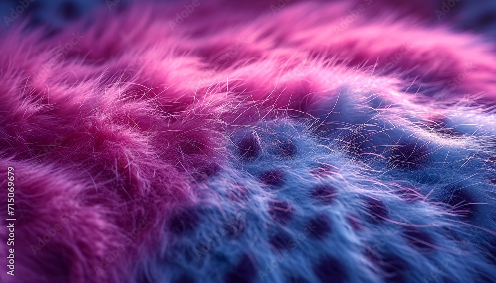 Fototapeta premium Gently waving turquoise and purple plush spots monster fake fur texture ,generative ai.