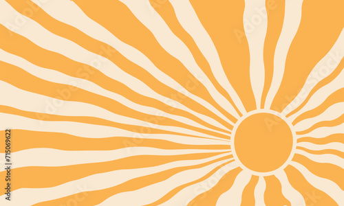 Groovy sun pattern, retro summer ray background, wave radial sunshine, yellow vintage shape. Cartoon vector illustration
