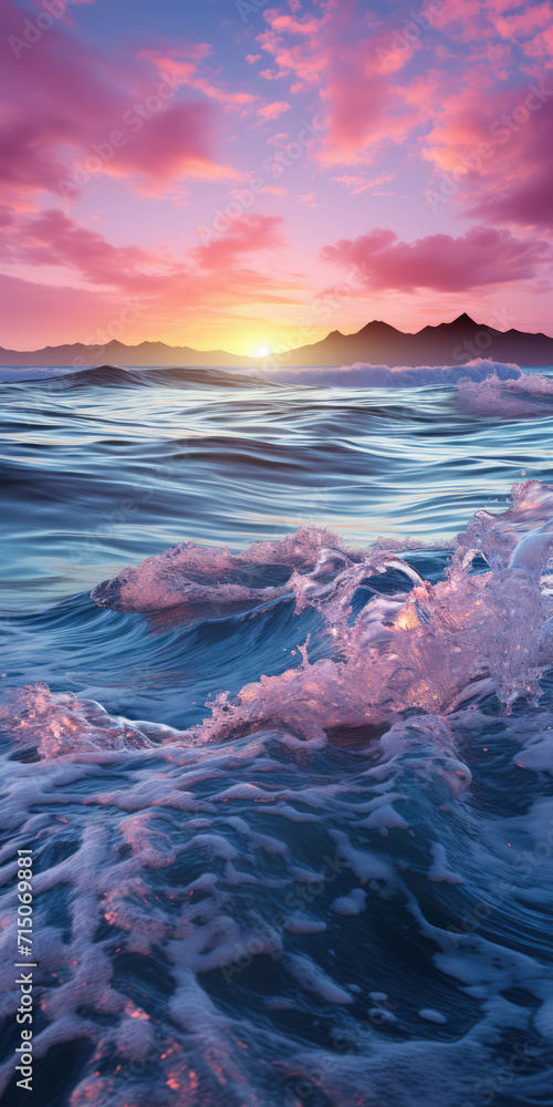 Violet ocean. Pink sunset reflected in the sea waves. Red clouds over the sea at sunset. AI generated