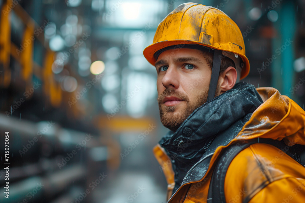Young worker in safety gear during a rainy day on an industrial site Young worker in safety gear during a rainy day on an industrial site