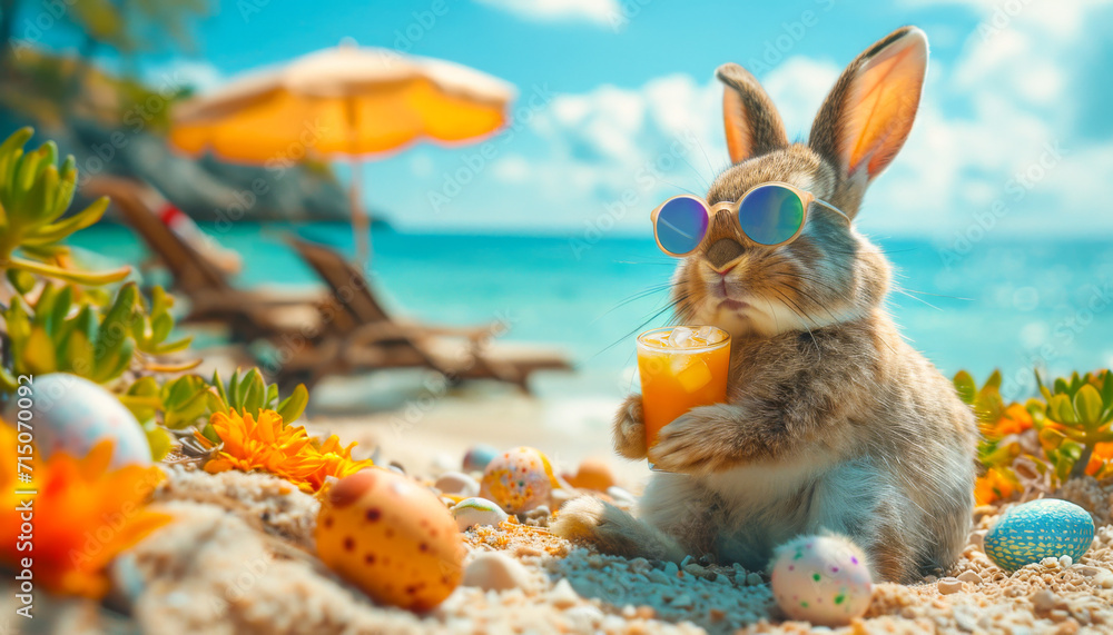 A bunny in sunglasses enjoys cocktail on the beach - obrazy, fototapety, plakaty 