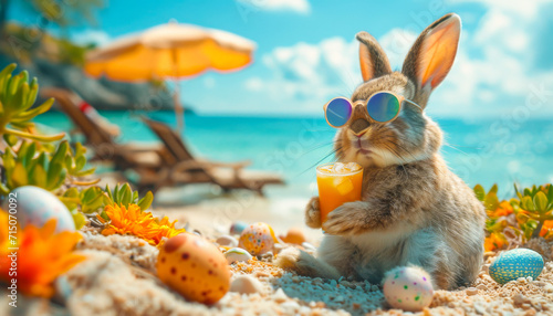 A bunny in sunglasses enjoys cocktail on the beach