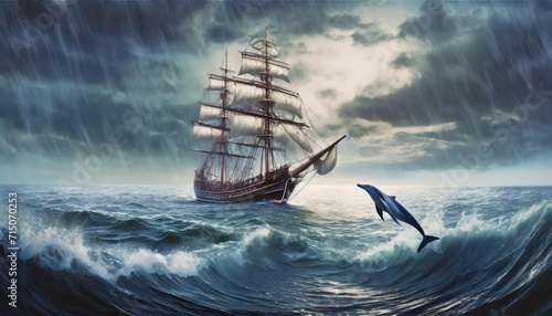 Artificial intelligence created the sky image together with the underwater image of dolphins swimming under the sailing ship in the calm sea. photo