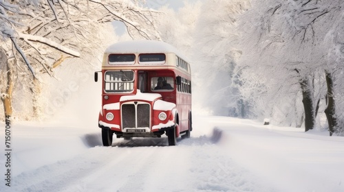 Old 1930s bus driving on very snowy country Road 