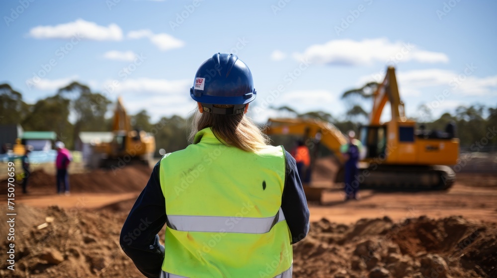 Rear view of woman foreman working on construction site with high vis jacket and hardhat, blurred diggers and workman in the background Rear view of woman foreman working on construction site with high vis jacket and hardhat, blurred diggers and workman in the background