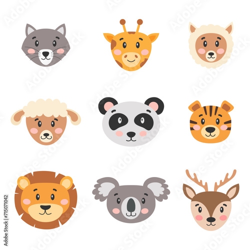 Cute cartoon animals for children. Wolf, giraffe, llama, lion, panda, tiger, deer, koala, sheep. Vector illustration.
