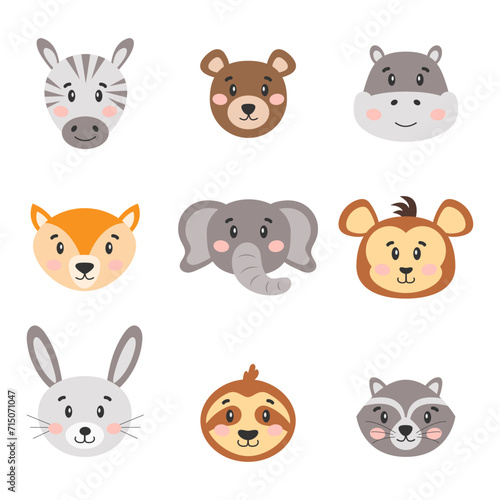 Cute cartoon animals for children. Zebra, bear, hippopotamus, fox, elephant, monkey, hare, sloth, raccoon. Vector illustration.