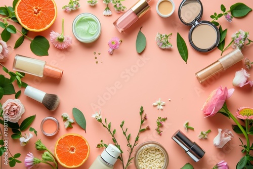 Decorative cosmetics and flowers trending color concept of the year 2024 Peach Fuzz.