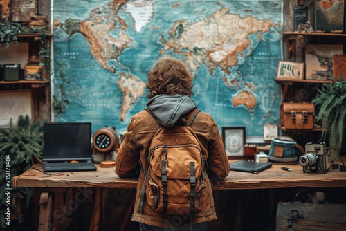 Traveler with backpack looking at world map
