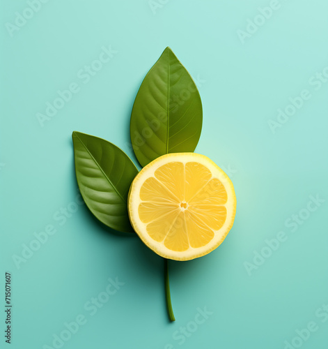 Alemon with with green  leafs, in the style of minimalist backgrounds, pastel blue background, summer concept. photo