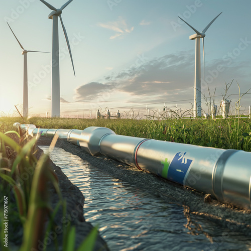 A hydrogen pipeline with wind turbines in the background. Green hydrogen production concept