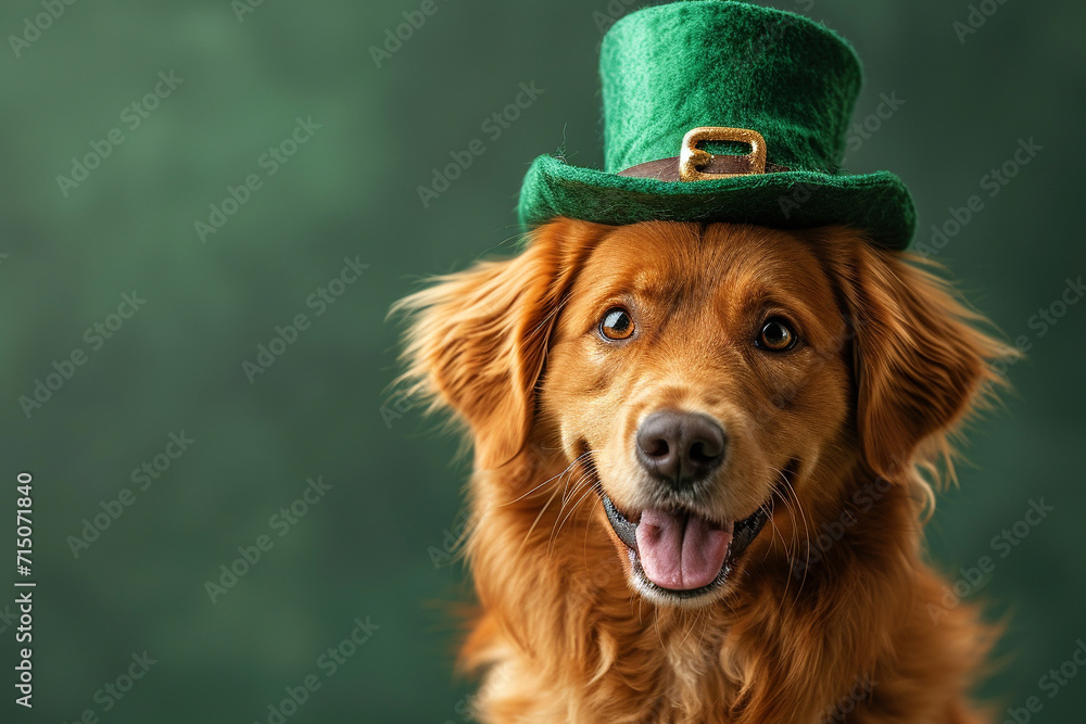 St. Patrick's Day. Dog in a leprechaun hat on a green background - obrazy, fototapety, plakaty 