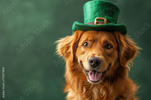 St. Patrick's Day. Dog in a leprechaun hat on a green background photo