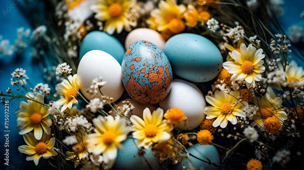Colorful easter eggs and spring flowers on a dark blue background. Selective focus. Greeting card on an Easter theme. Happy Easter concept. Colorful easter eggs and spring flowers on a dark blue background. Selective focus. Greeting card on an Easter theme. Happy Easter concept.