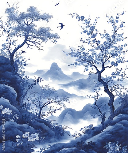 Beautiful Chinese Blue Landscape Traditionel