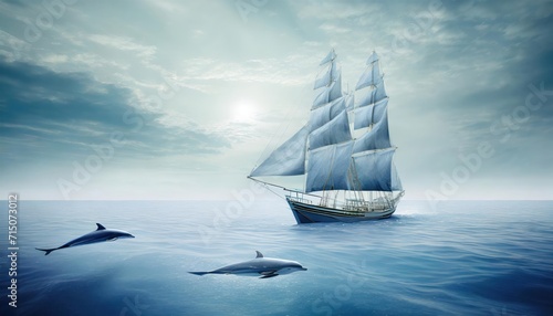Artificial intelligence created the sky image together with the underwater image of dolphins swimming under the sailing ship in the calm sea.