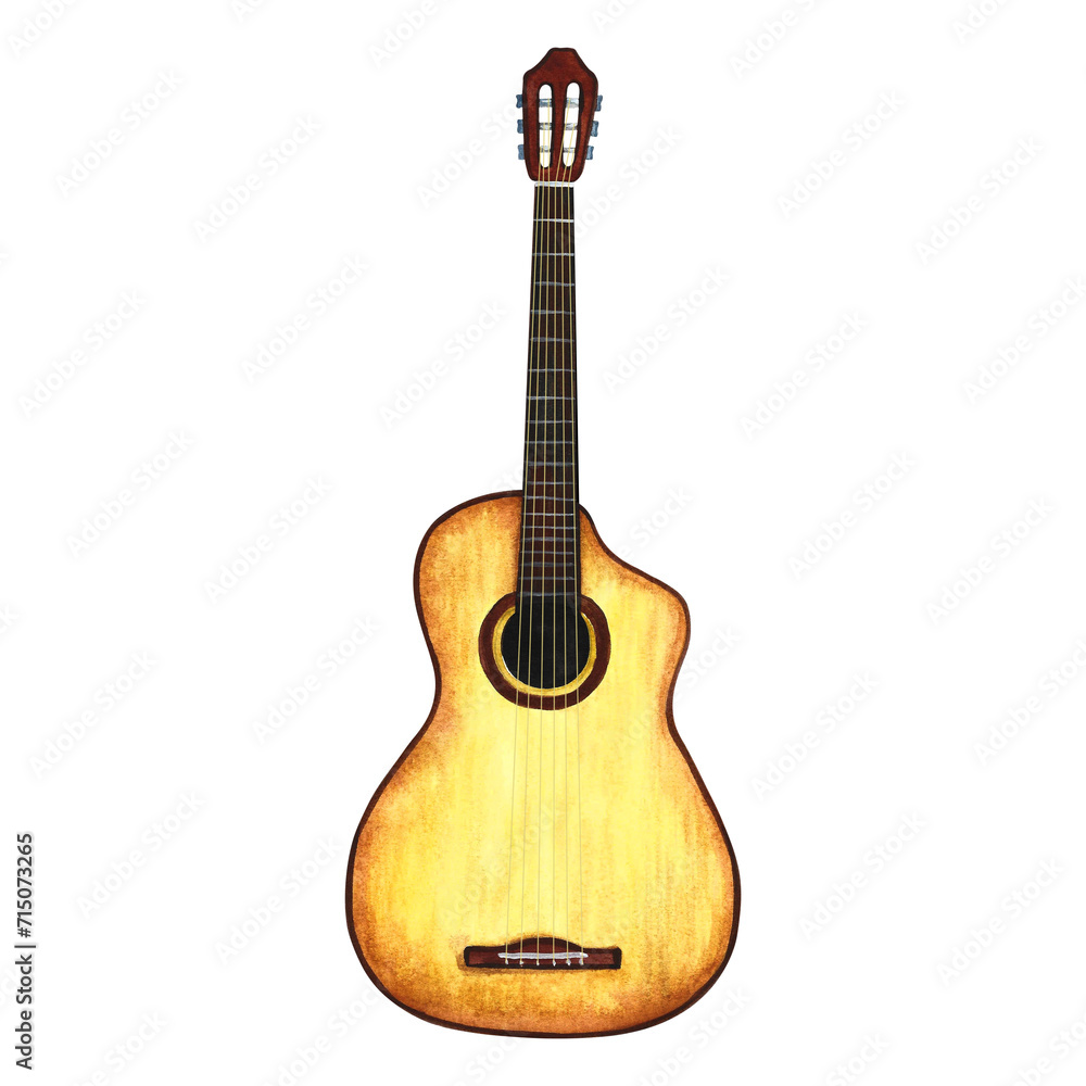 The guitar is six-stringed. The watercolor illustration is hand-drawn. Isolate it. For logos, badges, stickers and prints. For postcards, business cards, flyers and posters.