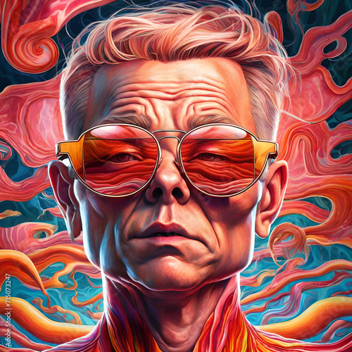 portrait cartoon caricature of a male wearing sunglasses, in the style of extreme Surrealism. suitable for an album cover