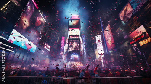 
An immersive 3D rendering capturing the excitement of New Year's Eve in Times Square, with a teeming crowd, shimmering lights,  photo