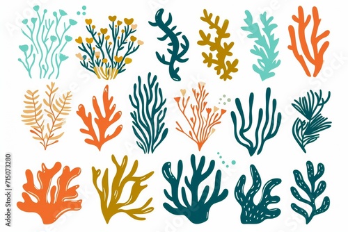 Fotótapéta Set of vector watercolor seaweed and corals isolated on white