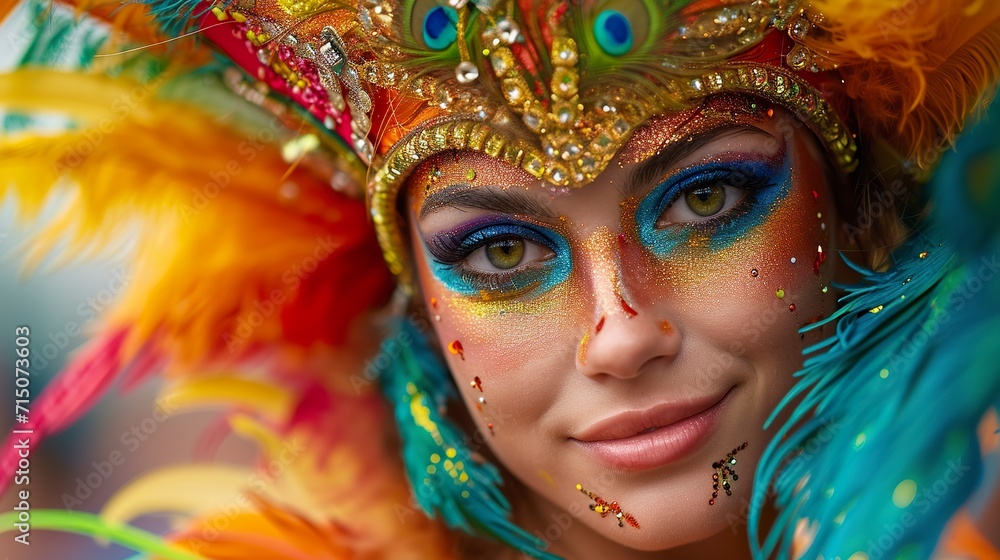 Woman decorated for the Brazilian carnival full of vibrant colors and engaging energy. Decorated face of a beautiful woman with exuberant charm for the carnival festivities.