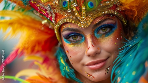 Woman decorated for the Brazilian carnival full of vibrant colors and engaging energy. Decorated face of a beautiful woman with exuberant charm for the carnival festivities.
