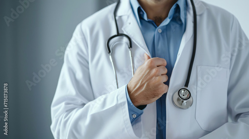 A dedicated doctor stands in a hospital, wearing a stethoscope, symbolizing expertise and commitment to patient care. Professional healthcare in a clinical environment