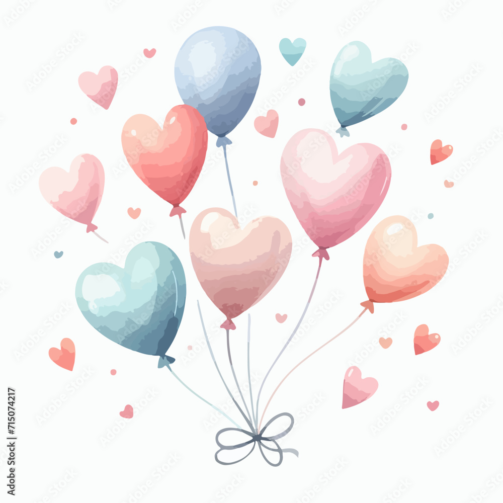 Watercolor vector heart shaped balloons in the sky