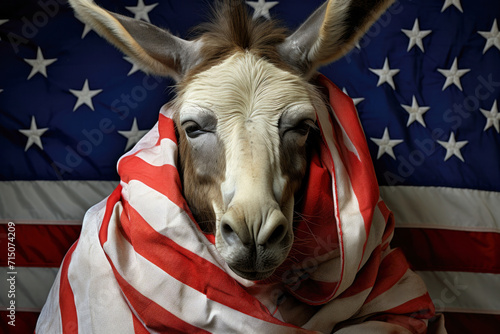 The US election 2024 - a donkey wrapped in the US flag - symbol of the Democratic Party (generative AI) photo