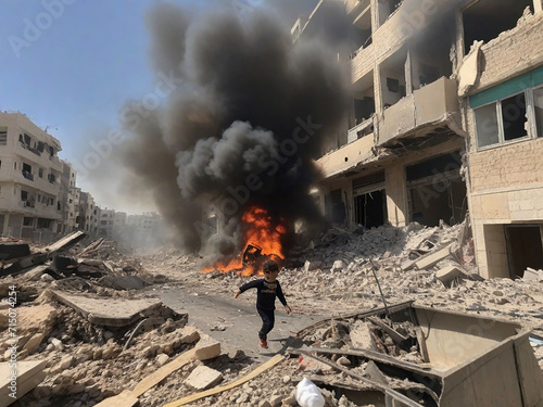 burning fire in the city because of bombing, and one kid is running to survive