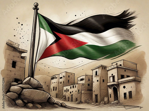 Palestine country  flag in the city of war