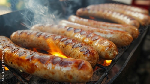Juicy bratwurst sausages grilling over open flames, smoke rising
