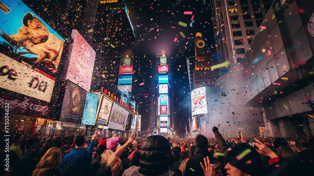 A breathtaking view of a massive, joyous crowd gathered in Times Square, Manhattan, New York, as they count down to the New Year, the iconic ball dropping, and a shower of confetti and fireworks light