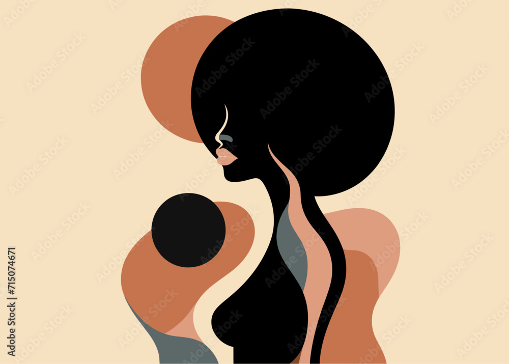 Minimalist Black History Month abstract portrait of a celebrates the beauty and strength of a black woman, graphic shapes, vibrant African colors, flat minimalist illustration