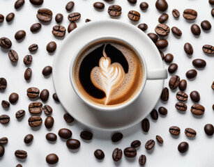 Leinwandbilder Kaffee Bar Kaffeetasse und Bohnen von oben  © Geenius Stock