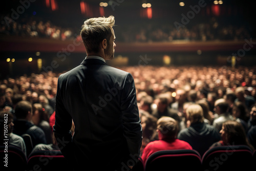 A man with his back to the back row in an auditorium
