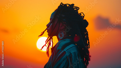 Portrait of Afro American woman with dreadlocks, Afro-Colombian reggae summer theme, sunset, wide shot. 