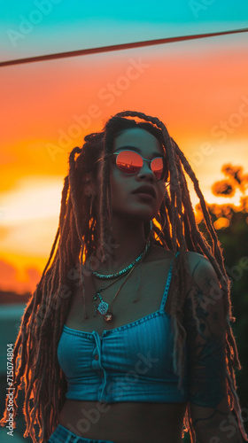 Portrait of Afro American woman with dreadlocks, Afro-Colombian reggae summer theme, sunset.  photo
