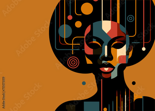 Minimalist Black History Month abstract portrait of a celebrates the beauty and strength of a black woman, graphic shapes, vibrant African colors, flat minimalist illustration