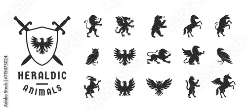 Heraldic animals set. Animals elements  for Coat of Arms, Crest design. Heraldic symbols. Dragon, Goat, Owl, Lion, Eagle, Raven, Griffin, Cat, Horse, Bear silhouettes. Vector illustration.  photo