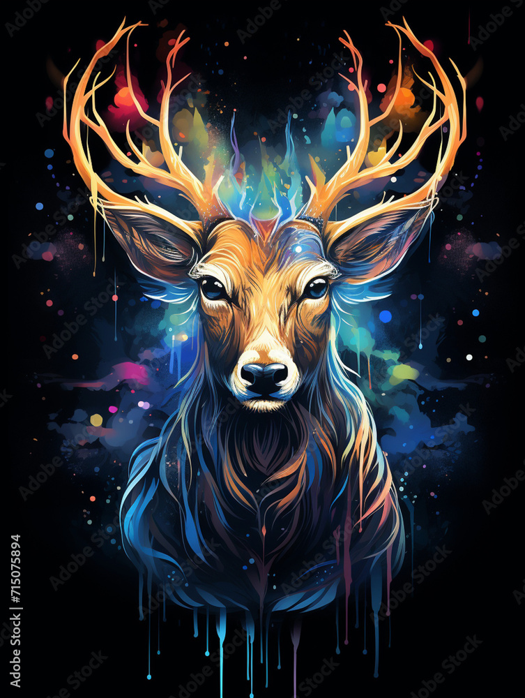 T-shirt design, Picture a magnificent and fantastical deer with a coat of brilliant, iridescent colors that shimmer and shift like a living rainbow created with Generative Ai
