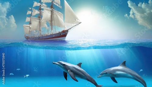 Artificial intelligence created the sky image together with the underwater image of dolphins swimming under the sailing ship in the calm sea.