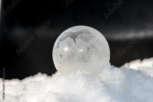 Crystalizing Ice Bubble in the fresh white snow
