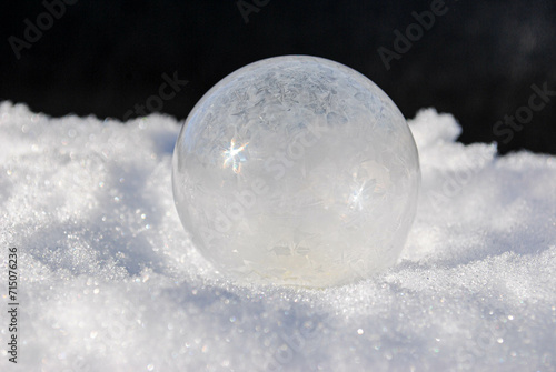 Crystalizing Ice Bubble in the fresh white snow