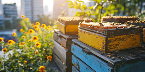 Beehives in urban garden with cityscape background. Urban beekeeping and sustainable agriculture concept. Design for eco-friendly farming, pollination, and biodiversity
 photo