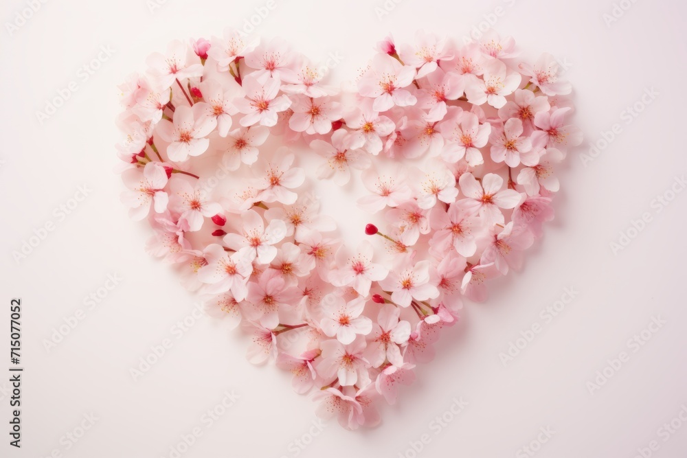 heart shape laid out from pink sakura flowers on a white background. postcard for Valentine's Day or March 8 heart shape laid out from pink sakura flowers on a white background. postcard for Valentine's Day or March 8