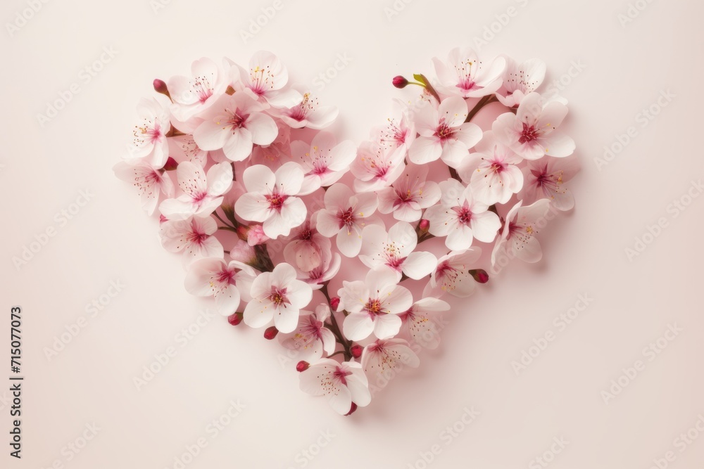 heart shape laid out from pink sakura flowers on a white background. postcard for Valentine's Day or March 8 heart shape laid out from pink sakura flowers on a white background. postcard for Valentine's Day or March 8