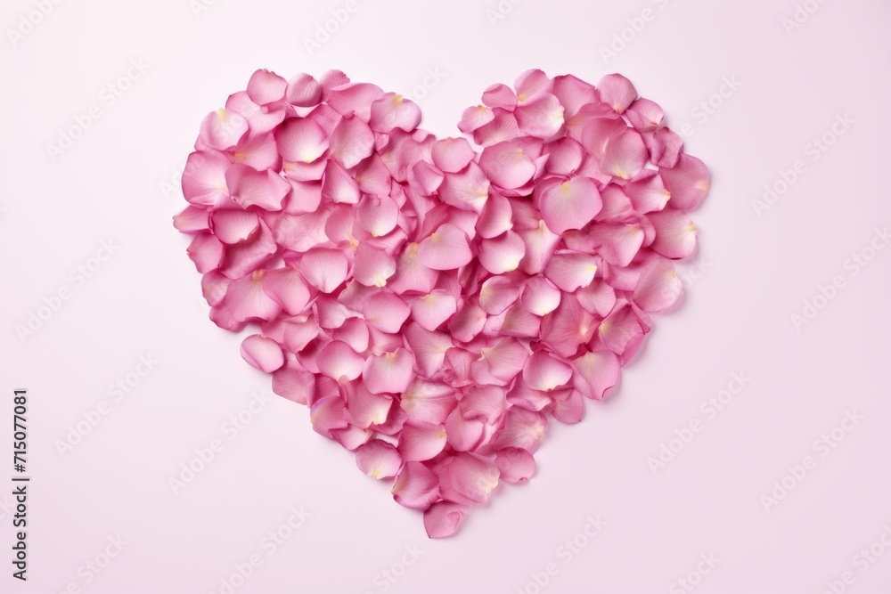 heart shape lined with pink rose petals on a white background. postcard for Valentine's Day or March 8
